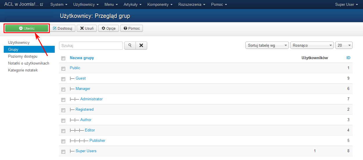 Tworzenie nowej grupy użytkowników w Joomla! 3.1.5